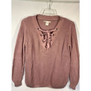 -3. Kaisely Women's Cotton Cable Knit Lace Up Front V-Neck Sweater Pink Medium